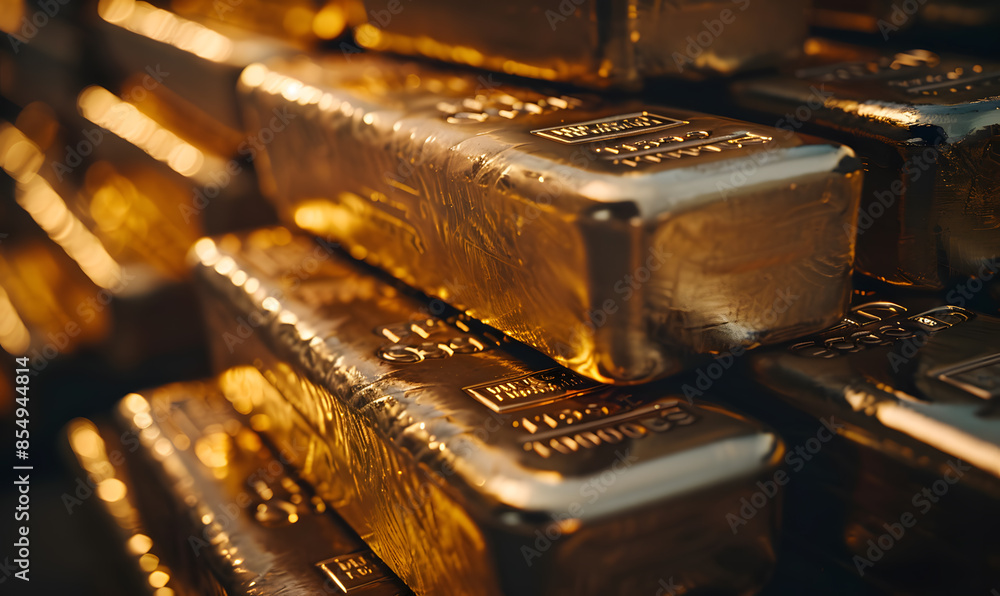 Close-up of gold bars with intricate engravings, reflecting ambient light, symbolizing luxury and stability Close-up of gold bars with intricate engravings, reflecting ambient light, symbolizing luxury and stability