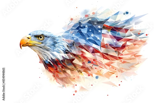 A striking digital artwork of a bald eagle featuring a geometric, abstract design with the American flag.  photo