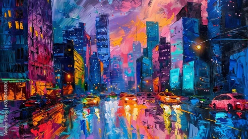 Vibrant Urban Nightscape with Colorful Rain-Slick Streets and Neon City Lights © Omtuanmuda