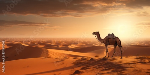 Camel in the desert at sunset.