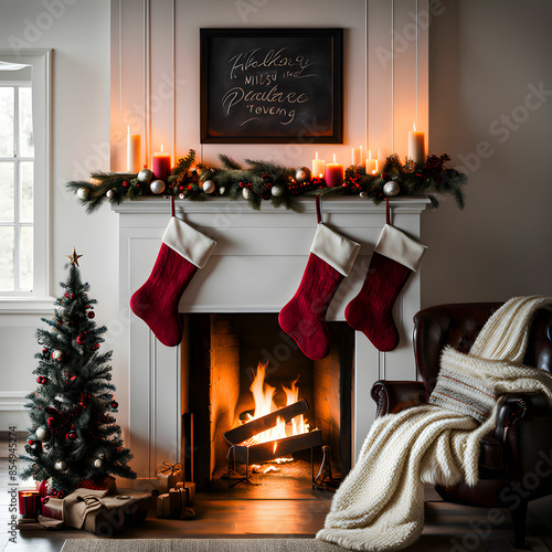 fireplace with christmas decorations. Generative AI