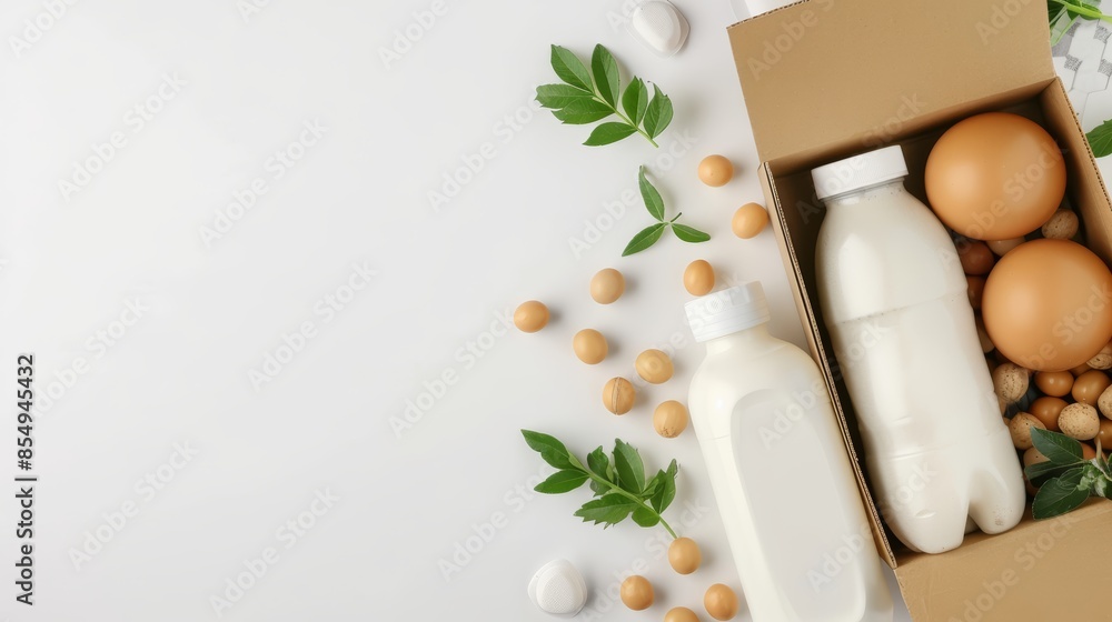 Packing goods into a delivery box, white background with space for text, neat arrangement of items, emphasizing organization and care in packaging Packing goods into a delivery box, white background with space for text, neat arrangement of items, emphasizing organization and care in packaging