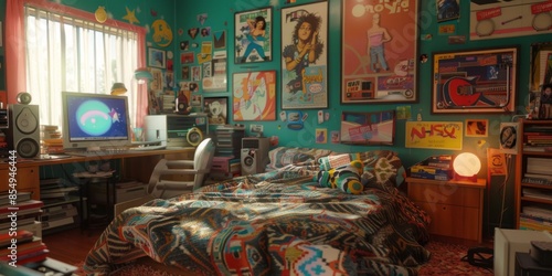 Colorful Bedroom With Vintage Posters and a Desk in the Afternoon