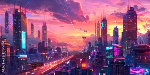 Wallpaper Mural Futuristic Cityscape at Sunset With Flying Vehicles Torontodigital.ca