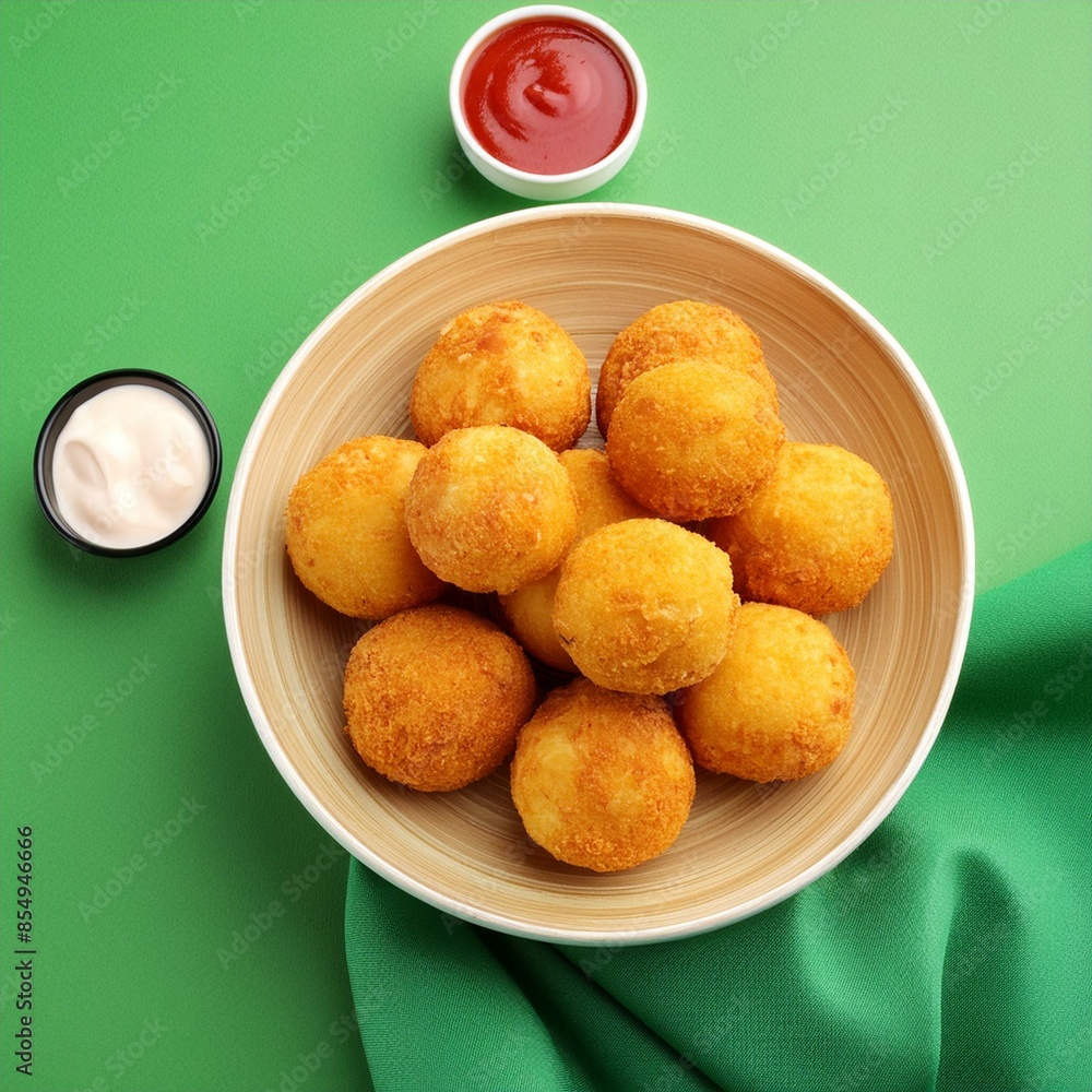 Indian traditional fried dish cheese ball pakora or pakoda on green background Indian traditional fried dish cheese ball pakora or pakoda on green background