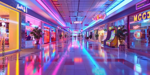 Neon-Lit Shopping Mall Corridor at Night