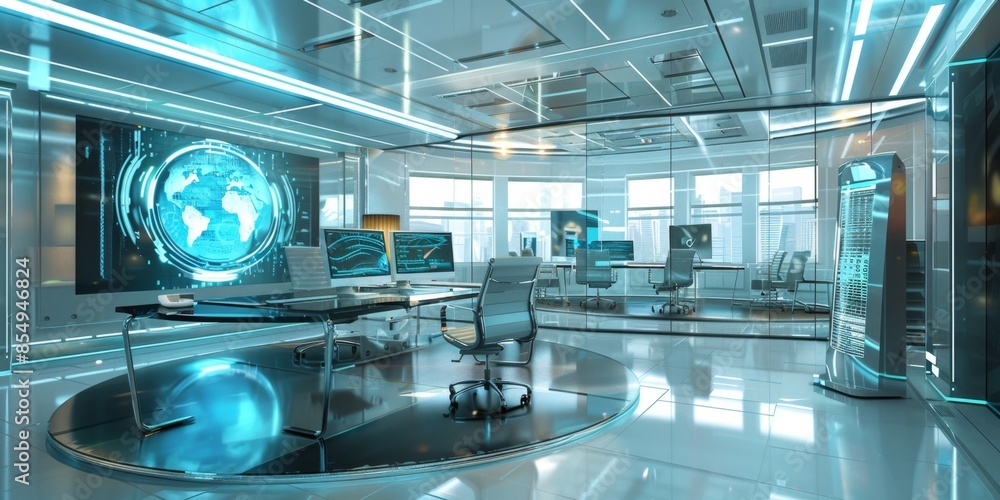 Futuristic Office Space With Global Network Display and City Views Futuristic Office Space With Global Network Display and City Views