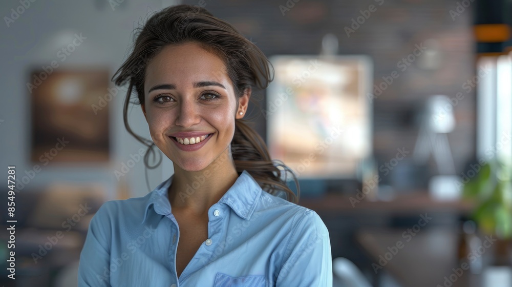 The Happy And Successful Businesswoman Boss Beams With Pride In Her Blue Shirt, Her Smile A Testament To Her Accomplishments And Fulfillment The Happy And Successful Businesswoman Boss Beams With Pride In Her Blue Shirt, Her Smile A Testament To Her Accomplishments And Fulfillment