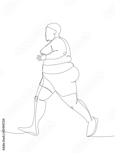 Overweight woman doing sports, running one line art. Continuous line drawing of body positive, overweight, plus size model, XL, health, fashion, self acceptance.