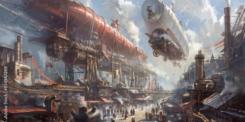 A Steampunk Cityscape With Large Airships and Railway