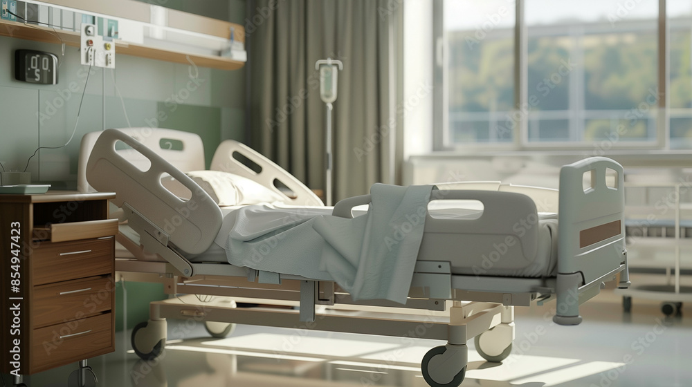 A clean, empty hospital bed in a specially constructed patient room. The room is dominated by cleanliness and functionality, providing the necessary conditions for a quick recovery. A clean, empty hospital bed in a specially constructed patient room. The room is dominated by cleanliness and functionality, providing the necessary conditions for a quick recovery.