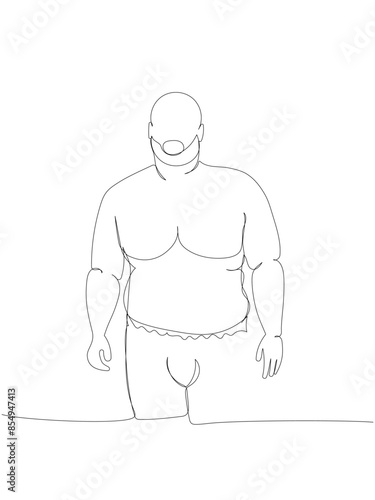 obese man bare-chested and in underwear one line art. Continuous line drawing of body positive, overweight, plus size model, XL, health, fashion, self acceptance.