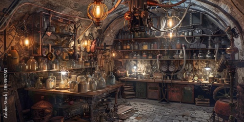 A Steampunk Alchemists Workshop With Glass Bottles and Machinery