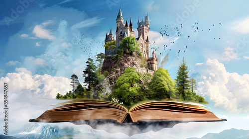 A fantastic world where a castle emerges from an open book. It's as if the pages of the story became reality, revealing a majestic structure to us.
