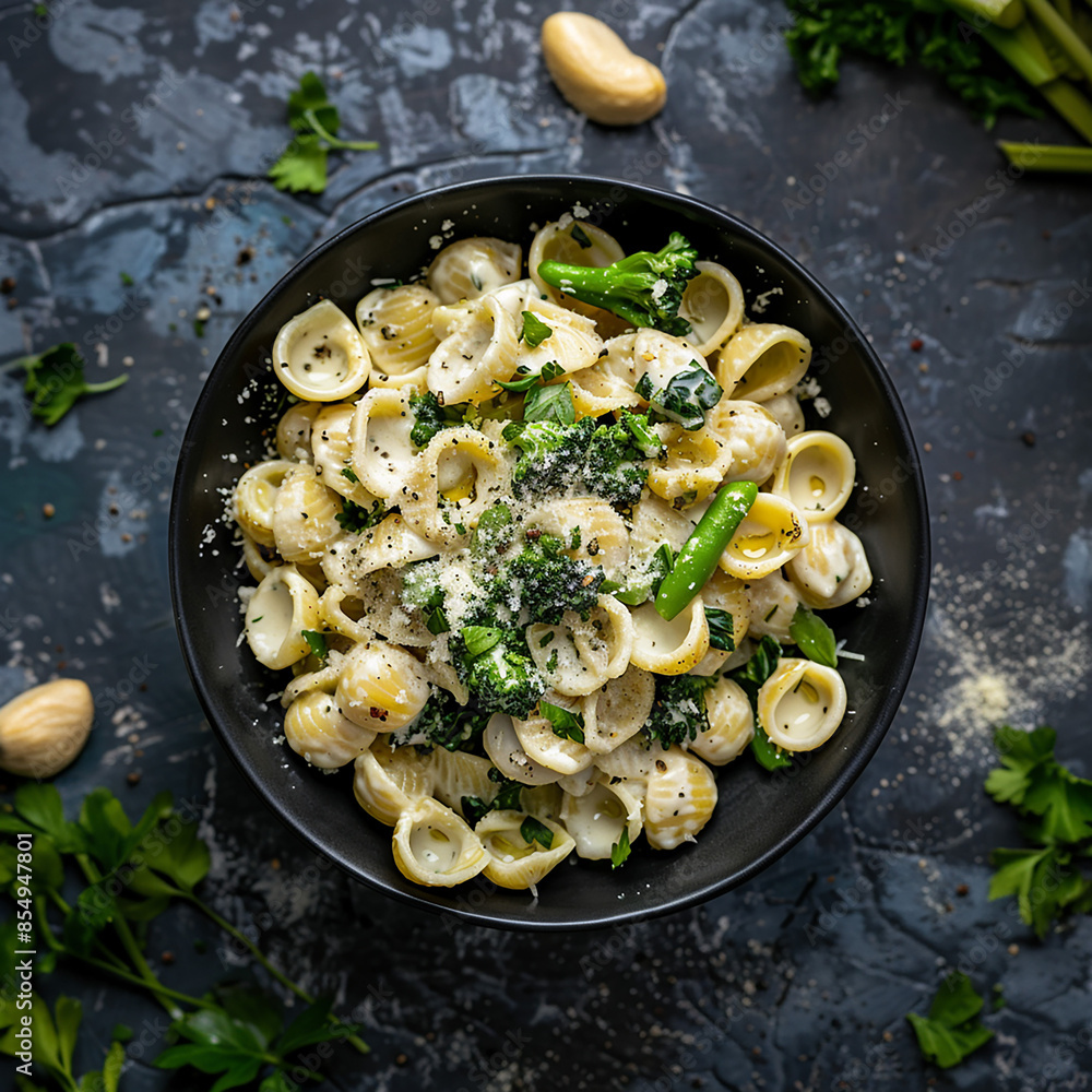 Wholemeal pasta with spinach in a pan. View from top. Wholemeal pasta with spinach in a pan. View from top.