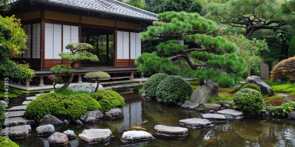 Japanese Garden With Traditional House and Pond Japanese Garden With Traditional House and Pond
