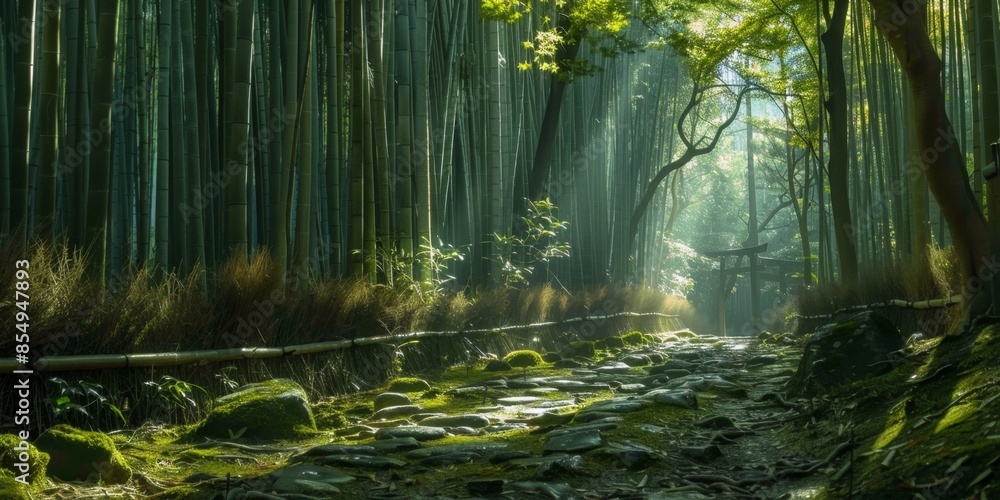 Obraz premium Sunlit Path Through a Dense Bamboo Forest in Japan