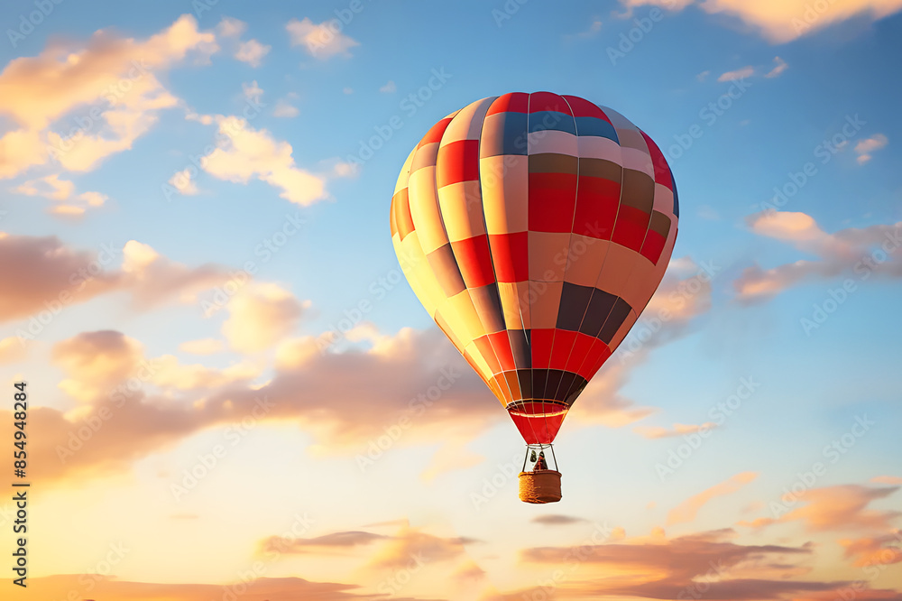 Naklejka premium Colorful in air balloons flying on sky pale light orange evening sunlight with cloud is background. Tourist season that people want to travel. Realistic nature template pattern.