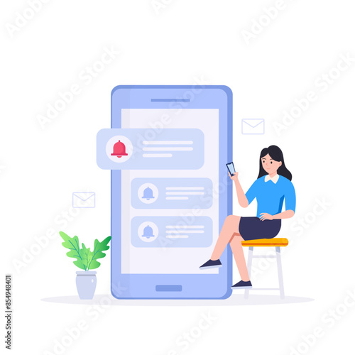 Smartphone with alarm clock reminder message on screen. New notice on the phone. Alert notification with notification bell. Important reminder.