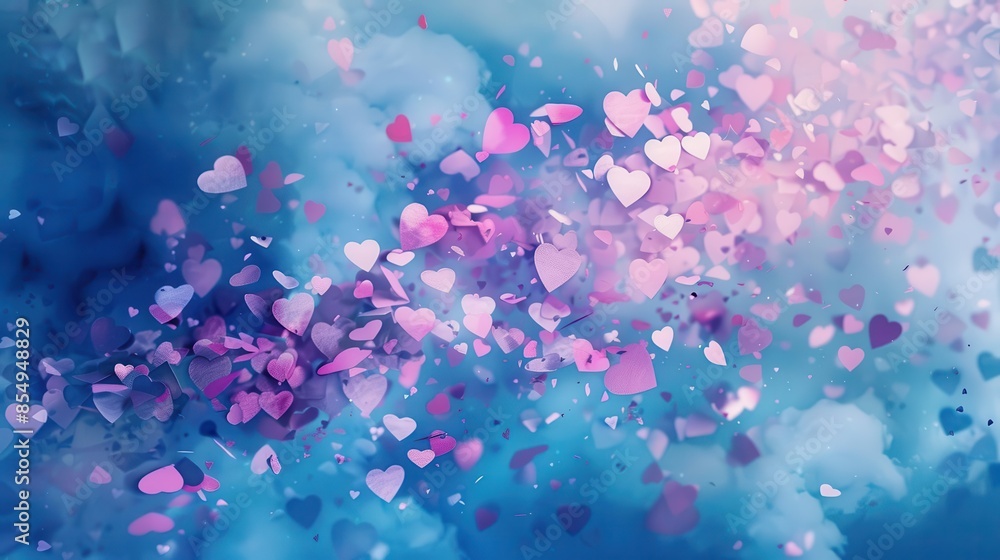Fototapeta premium romantic pink and blue heart shaped confetti on abstract cloudy background dreamy valentines day or wedding design digital art