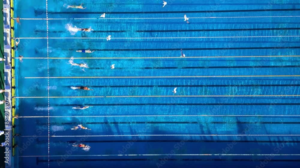 The start of a swimming competition in an outdoor pool: swimmers are diving into the water and beginning to swim