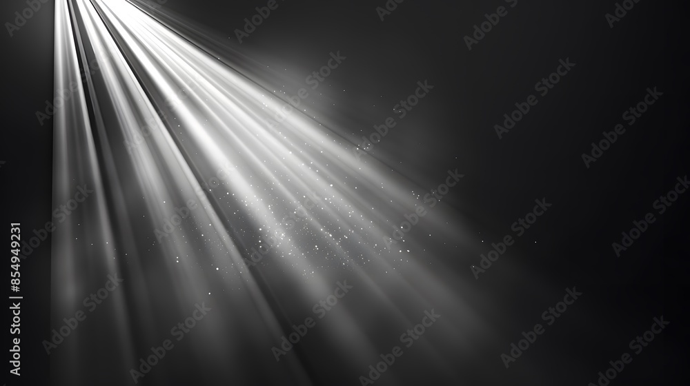 A beam of light shining down from the top left corner, with rays spreading out to form an abstract background on a black and white gradient background. A beam of light shining down from the top left corner, with rays spreading out to form an abstract background on a black and white gradient background.