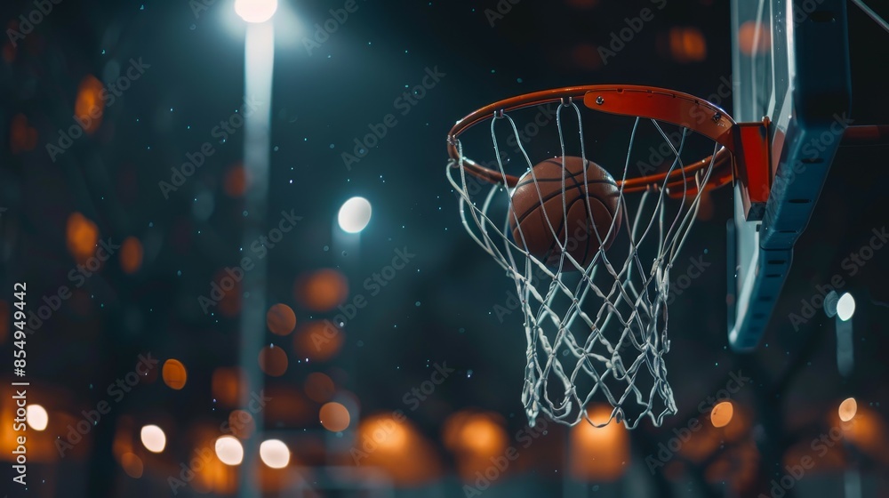 Closeup of a basketball going through the net, on a dark background, with a blurred foreground and basketball court in the background Closeup of a basketball going through the net, on a dark background, with a blurred foreground and basketball court in the background