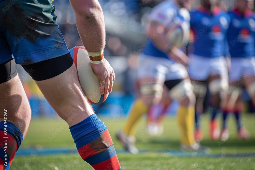 Close-up of rugby player holding ball during match, with teammates in the background on green field, blue and yellow uniforms. Close-up of rugby player holding ball during match, with teammates in the background on green field, blue and yellow uniforms.