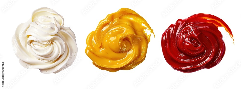 Mayonnaise, mustard and ketchup. Swirls of vibrant, appetizing and visually appealing sauces. Ideal for food blogs, recipe books and restaurant menus Mayonnaise, mustard and ketchup. Swirls of vibrant, appetizing and visually appealing sauces. Ideal for food blogs, recipe books and restaurant menus