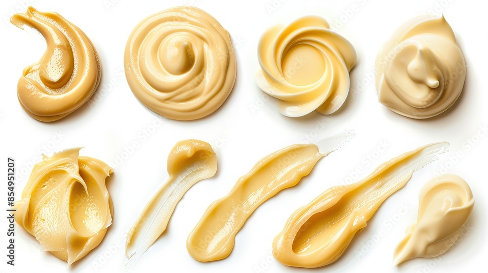 Various smears and swirls of mayonnaise and mustard isolated on white background. Set of sauce with glossy creamy texture ideal for food blogs or recipes and menus