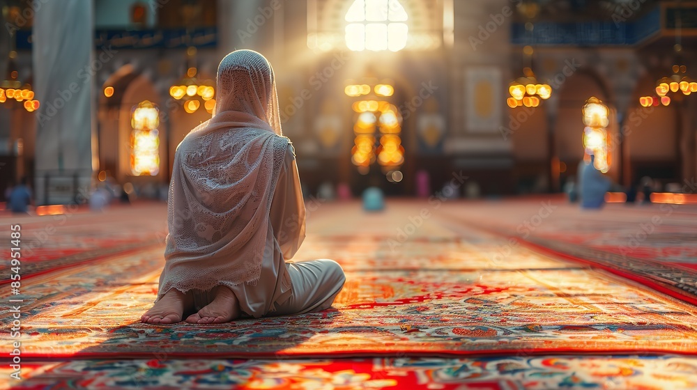 A Muslim woman is praying in a mosque, kneeling on a rug with her head bowed. The setting sun casts a warm glow on the room A Muslim woman is praying in a mosque, kneeling on a rug with her head bowed. The setting sun casts a warm glow on the room