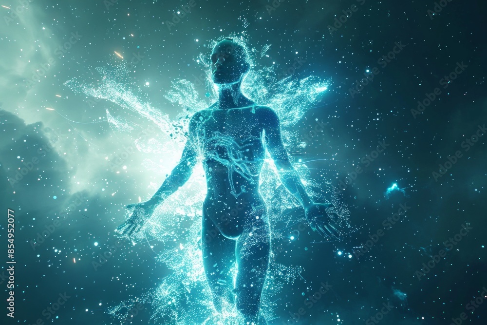 Human figure composed of glowing blue particles, resembling a digital or holographic form, in a futuristic scene. Human figure composed of glowing blue particles, resembling a digital or holographic form, in a futuristic scene.
