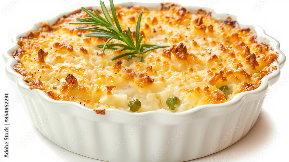 Gourmet Mini Lamb Shepherd's Pie with Pea, Rosemary, Parmesan, and Garlic Duchess Potato Topping Stock Photo Gourmet Mini Lamb Shepherd's Pie with Pea, Rosemary, Parmesan, and Garlic Duchess Potato Topping Stock Photo