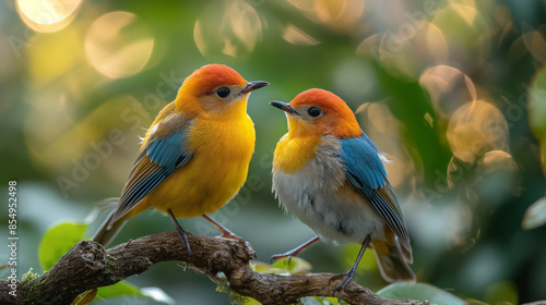 Two beautiful songbird sitting at a tree branch in the forest, © Wasin Arsasoi