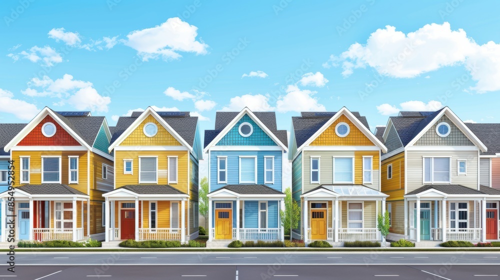 Colorful row of townhouses on a sunny day