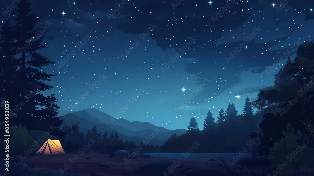 Fototapeta premium serene night landscape of a camping ground illuminated by starry sky concept illustration