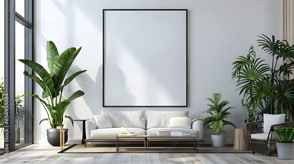 A large blank picture frame hangs on the wall of an empty modern living room. Plants and furniture surround it. The background is white. A large blank picture frame hangs on the wall of an empty modern living room. Plants and furniture surround it. The background is white.
