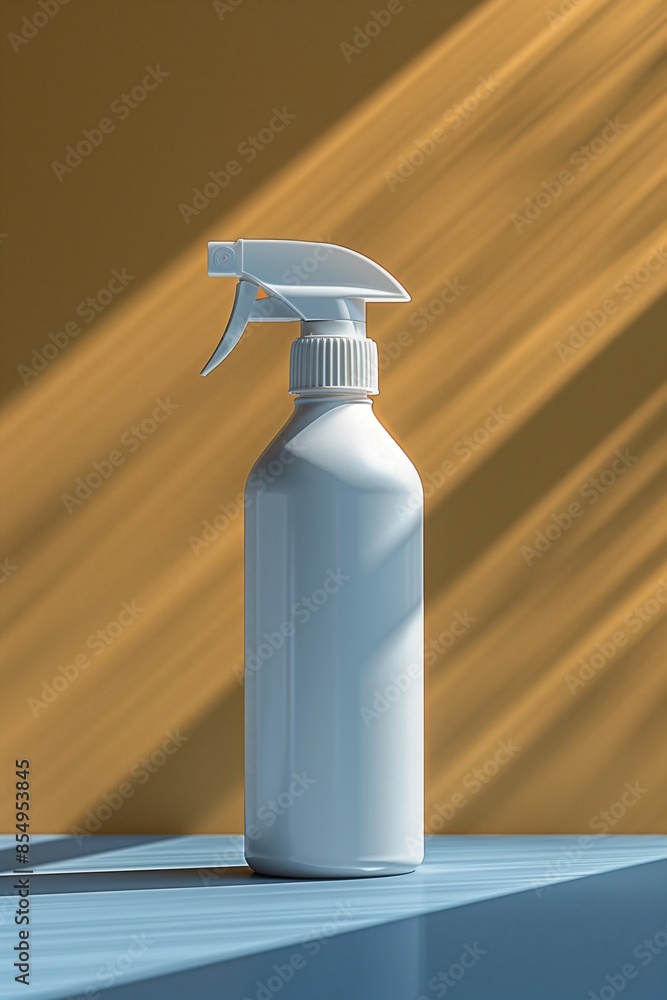 White Spray Bottle on Blue Floor with Yellow Background White Spray Bottle on Blue Floor with Yellow Background