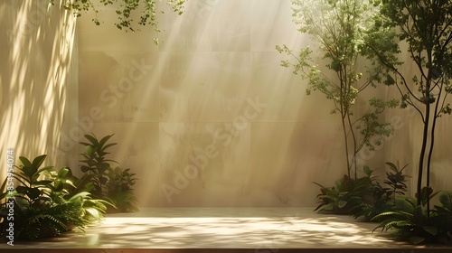 A minimalist stage with an empty background, adorned with trees and plants on the right side of the screen. The backdrop features beige walls, creating a clean composition.