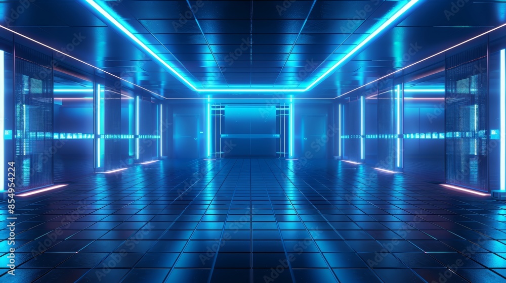 Fototapeta premium Futuristic room with a dark grid floor and ambient blue lighting