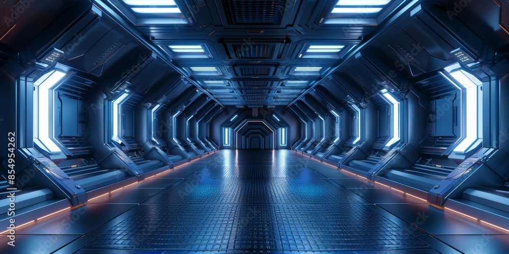 Fototapeta premium Futuristic empty space with a dark, metallic floor and blue lighting