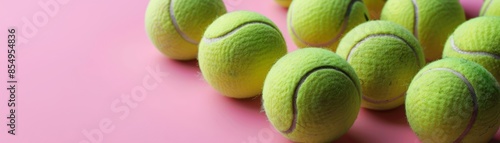 Fun and sporty tennis ball arrangement on pink background, vibrant colors, dynamic composition, soft lighting, playful and energetic visual © tanapat