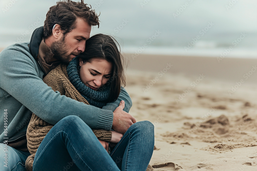 Husband in caring hug with wife that looks worried or concerned. Man offering solace to wife in beachside hug. Husband in caring hug with wife that looks worried or concerned. Man offering solace to wife in beachside hug.