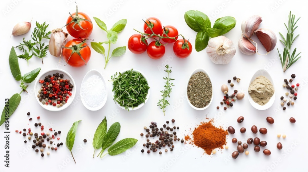 kitchen utensils, vegetables, spices and others arranged on white background
kitchen utensils, vegetables, spices and others arranged on white background