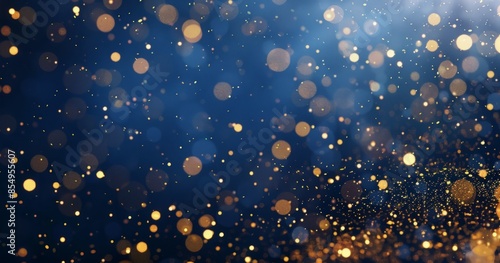 Falling confetti on blue background, abstract background with dark blue and gold particle. Golden light shine particles Bokeh on navy blue background, celebration concept