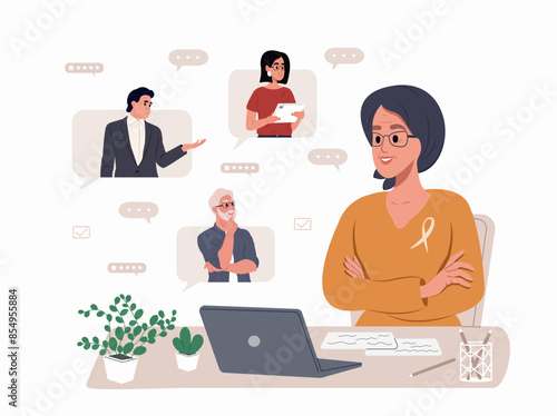 Person with cancer working on laptop from home, remote job, homeoffice. Online remote video conference call.