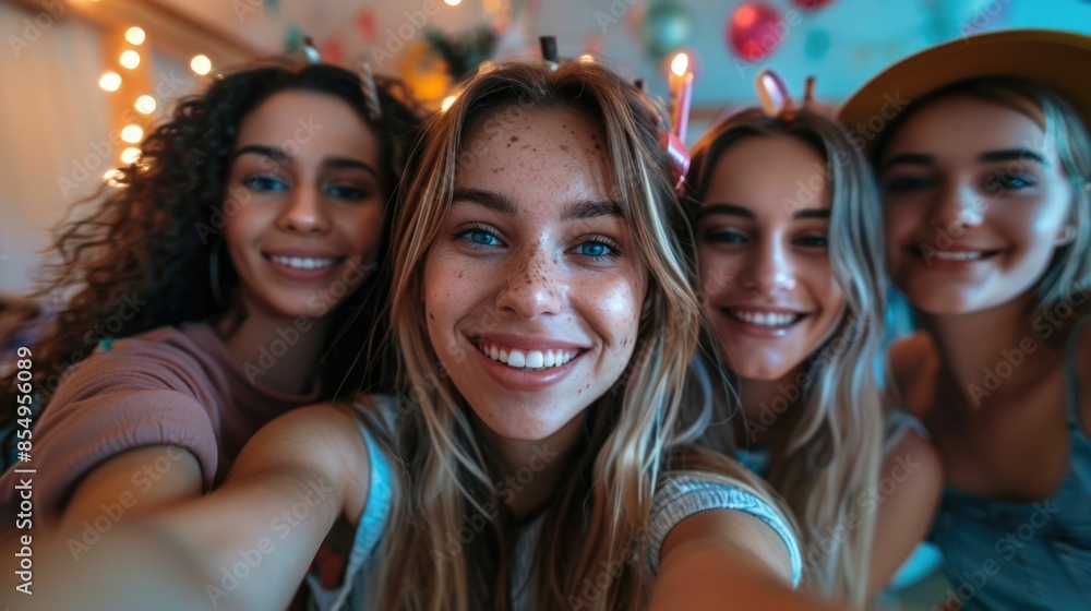 A group of smiling cheerful friends posing together for a fun festive selfie against a backdrop of vibrant party the joyful atmosphere of a social gathering or A group of smiling cheerful friends posing together for a fun festive selfie against a backdrop of vibrant party the joyful atmosphere of a social gathering or