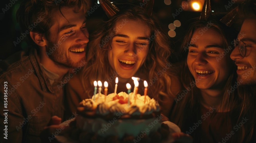 A group of friends gathered together to celebrate a birthday their faces aglow with the soft light of a cake adorned with flickering candles that they are about to blow out A group of friends gathered together to celebrate a birthday their faces aglow with the soft light of a cake adorned with flickering candles that they are about to blow out