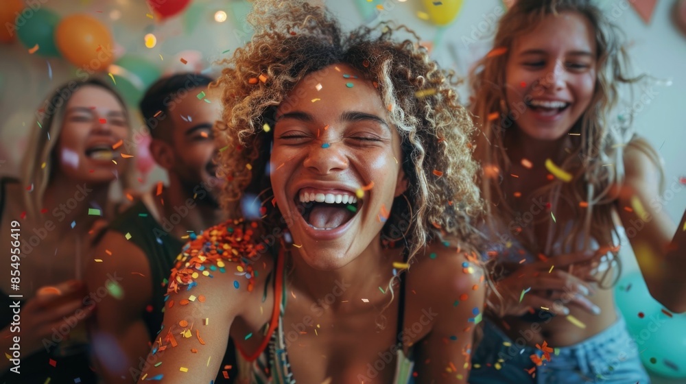 A group of cheerful friends enthusiastically engaging in party games and laughter surrounded by a vibrant and festive atmosphere with confetti and colorful lights The image captures the energy A group of cheerful friends enthusiastically engaging in party games and laughter surrounded by a vibrant and festive atmosphere with confetti and colorful lights The image captures the energy