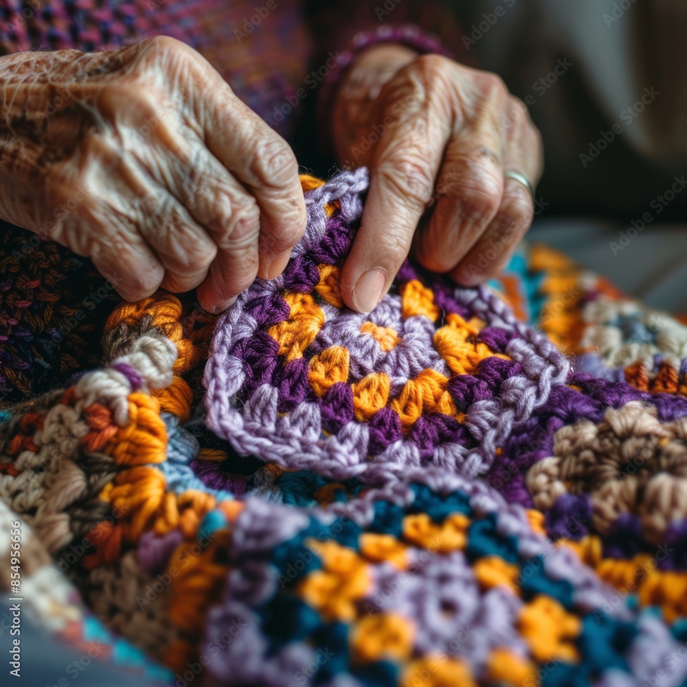 a grandma crocheting granny squares with purple and orange yarns a grandma crocheting granny squares with purple and orange yarns
